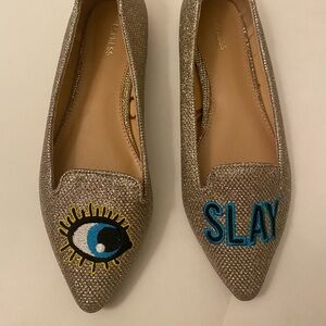 Express Gold Metallic Glitter eye Slay Flats, Size 7 evil eye pointed flats